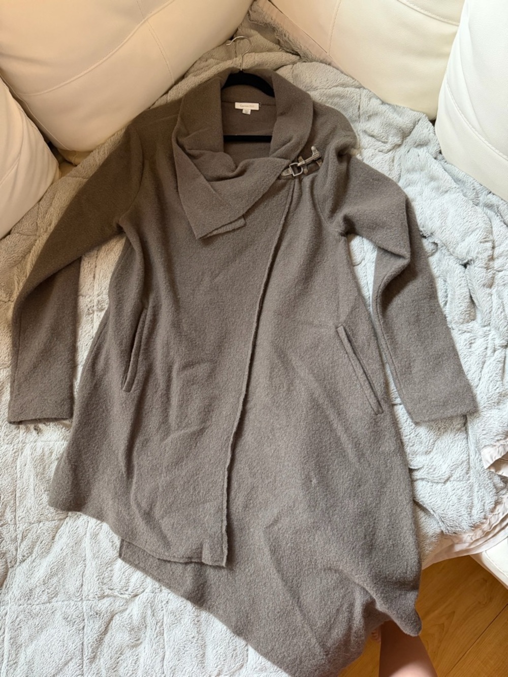 Garnet Hill taupe wool-blend draped cardigan with metal buckle